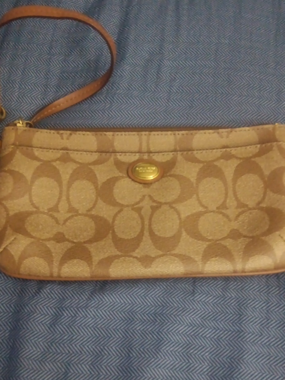 Coach Tan Signature Canvas Wristlet with Leather Strap